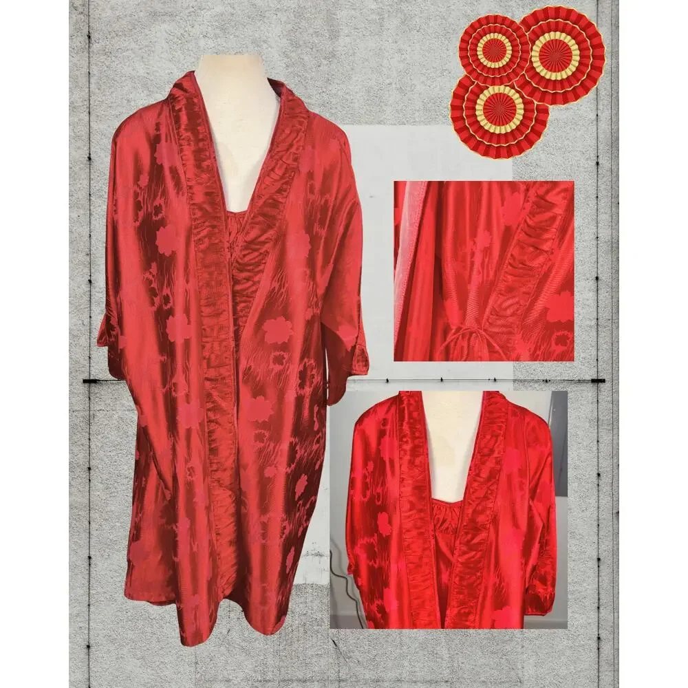 Vintage 80s Vandmere Asian Red Floral Weave Jacquard Cami Nightgown Robe Set M